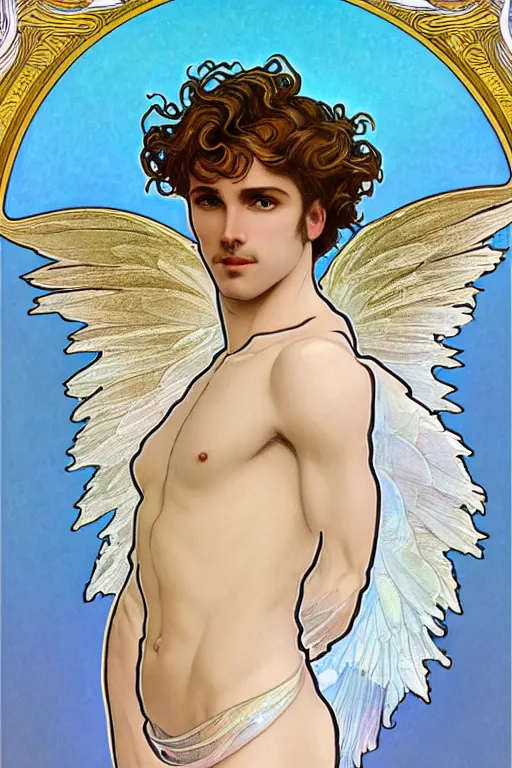 Image similar to full figure art nouveau portrait of a beautiful young fit male angel with curly blond hairs, dressed with fluent clothes, majestic wings, luminous halo, by alfons mucha, d & d character, gradient white to gold, in front of an iridescent background, highly detailed portrait, digital painting, artstation, concept art, smooth, sharp focus illustration, artstation hq