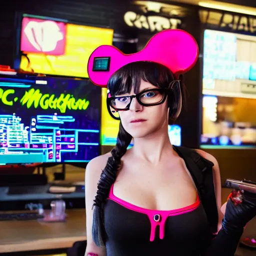 Image similar to a cute cyberpunk girl working in a mcdonaldpunk fastfood restaurant