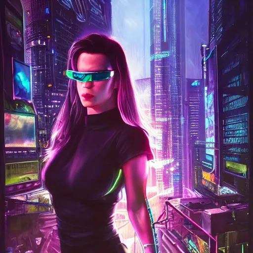 Image similar to epic portrait of cyberpunk Carpenter Charisma wearing mirrorshades, Night City, cyberpunk 2077, neon megacity in the background, angry and bored, illustration, soft lighting, soft details, painting oil on canvas by mark arian by artgerm, trending on artstation, 4k, 8k, HD