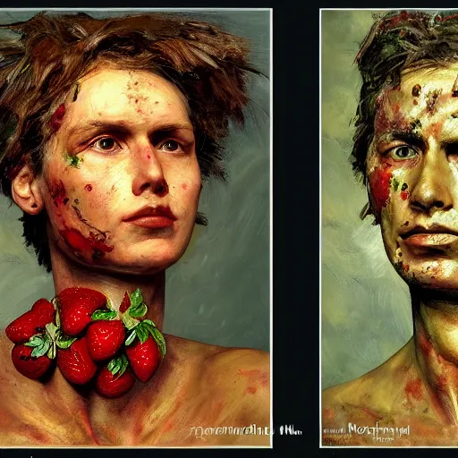 Image similar to a sculpture portrait made of kiwi and strawberries and mud and plants, painting part by wojciech siudmak, part by ilya repin, part by max ernst, part by norman rockwell, artstation