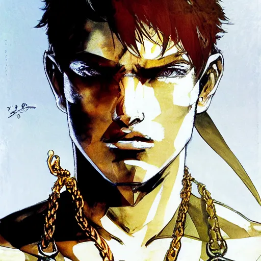 Prompt: portrait of a young white hero using his right arm to hold his sword covering his eye by yoji shinkawa, high quality, extra details, realism, ornate, colored, golden chain, blood, white skin, short hair, brown eyes, vivid, sunlight, dynamic, american man, freedom, white american soldier, painting