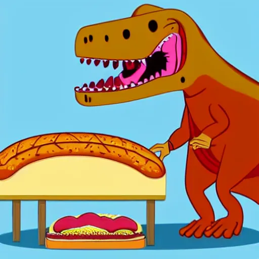 Image similar to a cartoon t - rex eating a hot dog