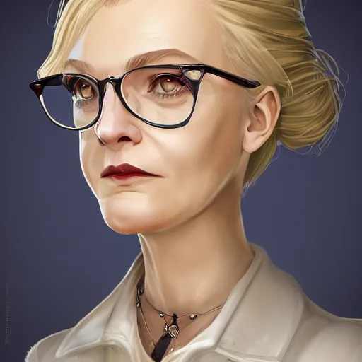 Image similar to a severe middle aged french woman with blonde hair tied in a strict bun, spectacles, lots of makeup, rich, character portrait, digital art, high quality, 8 k, detailed, d & d character,