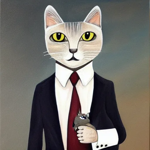 Prompt: beautiful painting of a anthropomorphic cat wearing a suit and tie