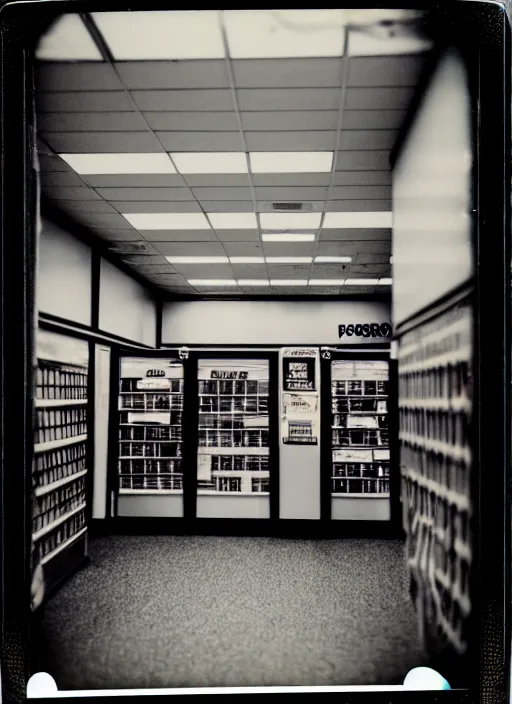 Image similar to polaroid photograph of the inside of an empty blockbuster store, liminal space, lonely, mannequins, black mold, cinematic, 3 5 mm, raw, unedited, 4 k, hd, the fifth element