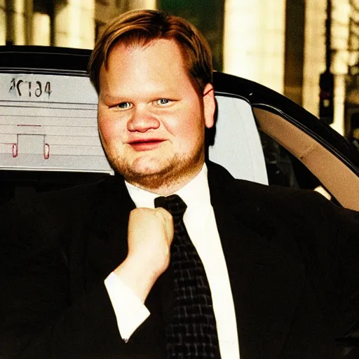 Prompt: 1 9 9 8 andy richter wearing a black wool coat and necktie in his car driving through the streets of chicago at night, pov back seat of car, cozy atmosphere