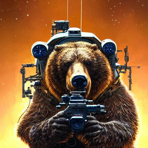 Prompt: detailed science - fiction character portrait of a grizzly bear shooting a machine gun in space, intricate, wild, highly detailed, digital painting, artstation, concept art, smooth, sharp focus, illustration, art by artgerm and greg rutkowski and alphonse mucha