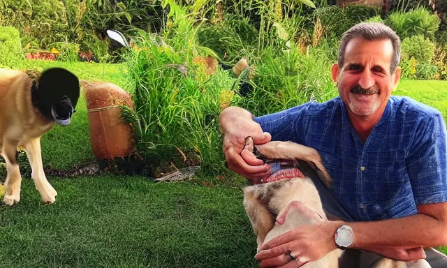 Image similar to My dad Steve just took a hit from the bongo and have good time being gracefully relaxed in the garden, sunset lighting. My second name is Carell. My dad second name is Carell. Im the dog and Steve Carell is my dad. Detailed face. Hairy calves