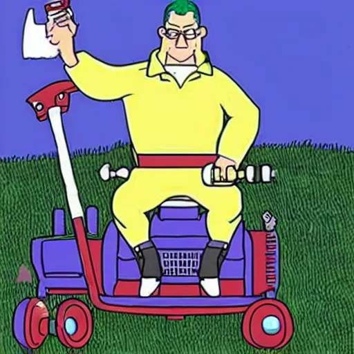 Prompt: Hank hill from “King of the Hill” wearing a full suit of medieval armor, riding a lawnmower on the moon, photo