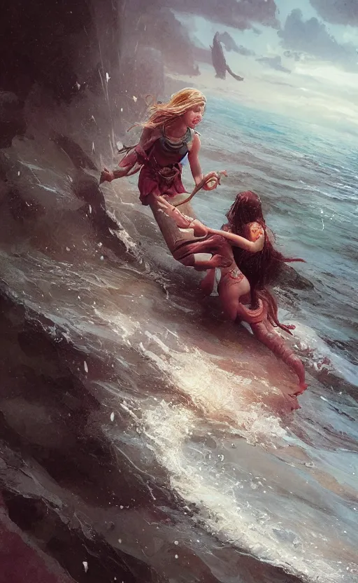 Image similar to a girl is saved from the ocean by a kind pirate, front game card, drark, marvel comics, dark, intricate, highly detailed, smooth, artstation, digital illustration by ruan jia and mandy jurgens and artgerm and wayne barlowe and greg rutkowski and zdislav beksinski