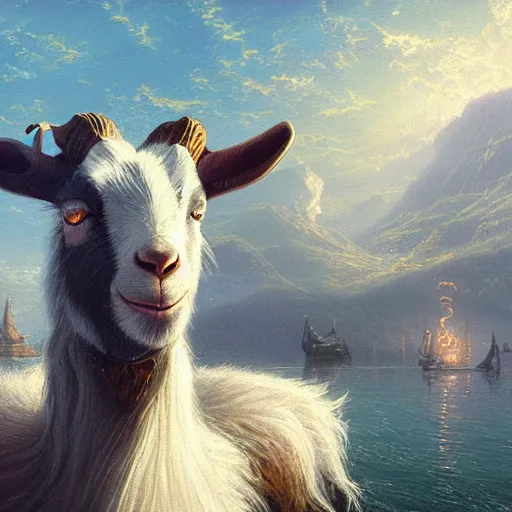 Prompt: a happy goat on a boat by greg rutkowski and thomas kinkade, trending on artstation, 3 d render octane