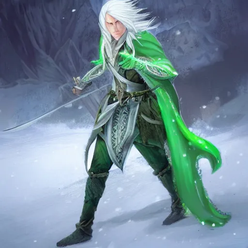 Image similar to High Fantasy dramatic portrait painting of a white haired male elf walking through the snow with a glowing green sword in his hand, leg high, face showing, full body, fantasy clothing, cgsociety, trending on artstation, dnd