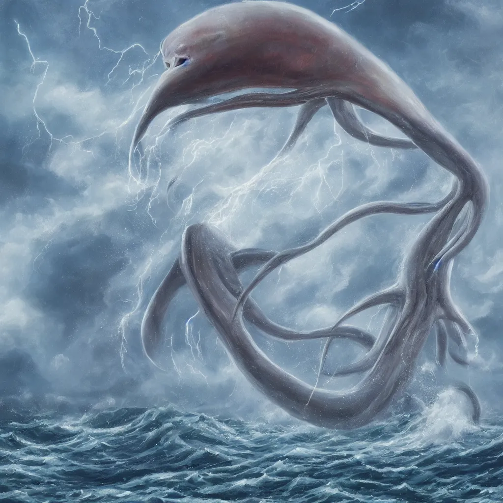 Image similar to a fantasy book style portrait of a giant squid, stormy sea, giant waves, lightning in the background, small boat, oil painting, 4 k