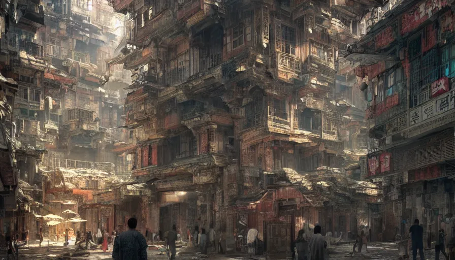 Prompt: inside of kowloon walled city concept art, light, shadows, reflections, epic composition, intricate, elegant, volumetric lighting, digital painting, highly detailed, artstation, sharp focus, illustration, concept art, ruan jia, steve mccurry