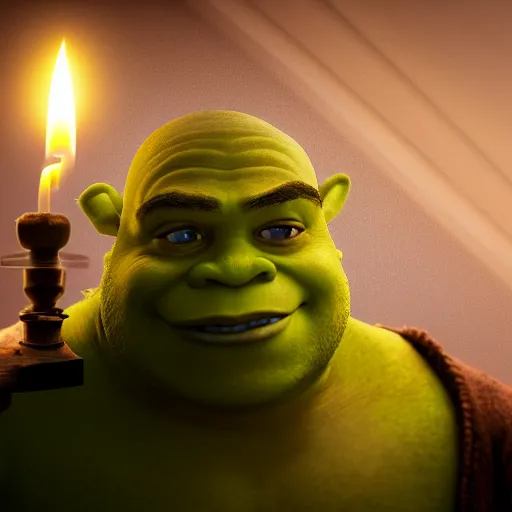 Image similar to painting of shrek, candlelight, 8 k, lens flare, atmosphere, glow, detailed, intricate, beautiful color, dungeons and dragons, dark, gritty, satanic, cinematic lighting, trending on artstation, 4 k, hyperrealistic, focused, highly detailed, unreal engine 5, cinematic, masterpiece