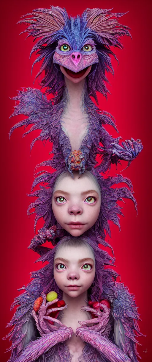 Image similar to hyper detailed 3d render like a Oil painting - kawaii portrait of two Aurora (a beautiful skeksis muppet fae princess protective playful from dark crystal that looks like Anya Taylor-Joy) seen red carpet photoshoot in UVIVF posing in scaly dress to Eat of the Strangling network of yellowcake aerochrome and milky Fruit and His delicate Hands hold of gossamer polyp blossoms bring iridescent fungal flowers whose spores black the foolish stars by Jacek Yerka, Ilya Kuvshinov, Mariusz Lewandowski, Houdini algorithmic generative render, Abstract brush strokes, Masterpiece, Edward Hopper and James Gilleard, Zdzislaw Beksinski, Mark Ryden, Wolfgang Lettl, hints of Yayoi Kasuma and Dr. Seuss, octane render, 8k