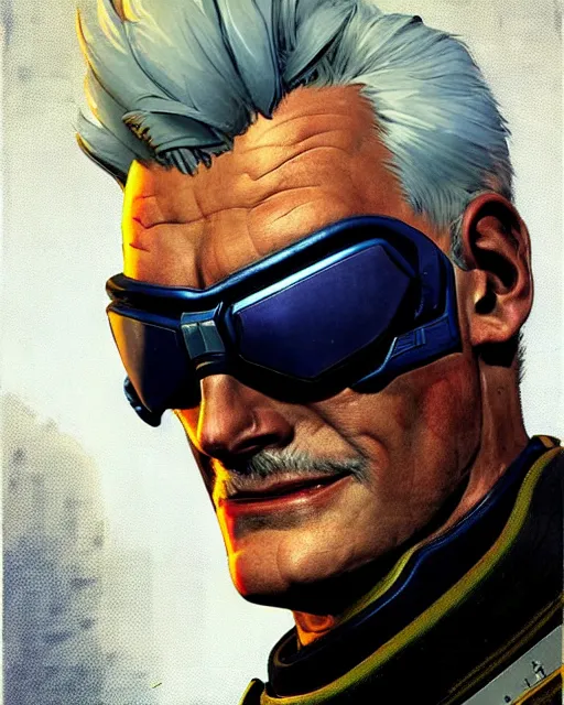 Image similar to soldier 7 6 from overwatch, white hair, character portrait, portrait, close up, concept art, intricate details, highly detailed, vintage sci - fi poster, retro future, in the style of chris foss, rodger dean, moebius, michael whelan, and gustave dore