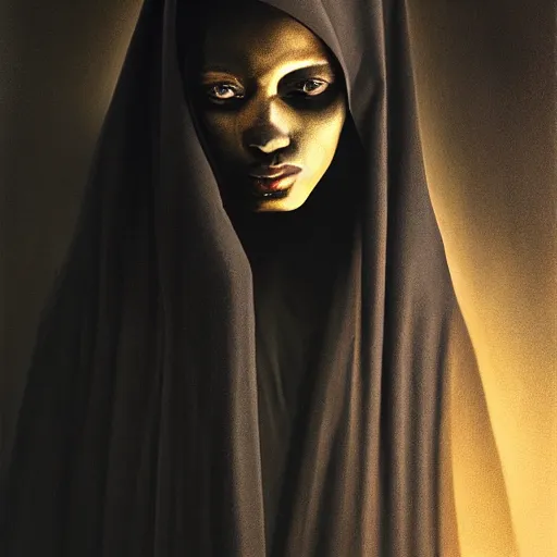 Image similar to a portrait of a young black woman wearing a long dark cloak, hood and shadows covering face, anatomically correct, beautiful perfect face, enigmatic, oil painting, matte painting, black background, Volumetric dynamic lighting, Highly Detailed, Cinematic Lighting, Unreal Engine, 8k, HD, by Beksinski