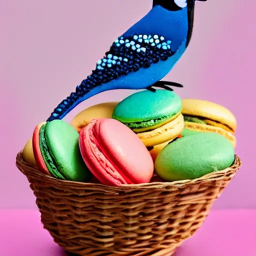 Image similar to A blue jay standing on a large basket of rainbow macarons.