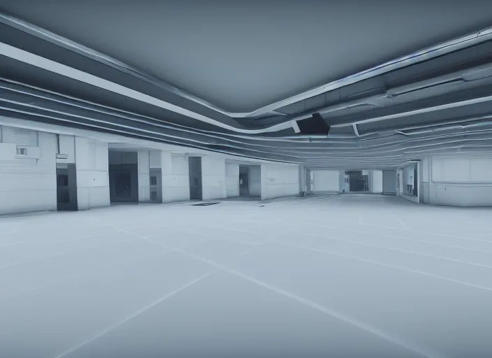 Image similar to cctv footage of a large white empty breakroom, retrofuturist liminal space, familiar place, clean, black mold, amateur, unreal engine, photorealistic, trending on artstation