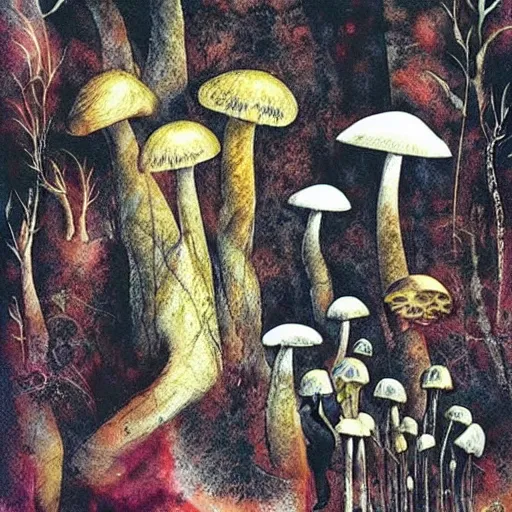 Image similar to psychedelic mushrooms psilocybin dream, by dave mckean