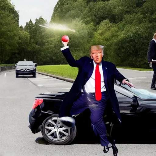 Image similar to photograph of donald trump throwing balls at cars on the highly