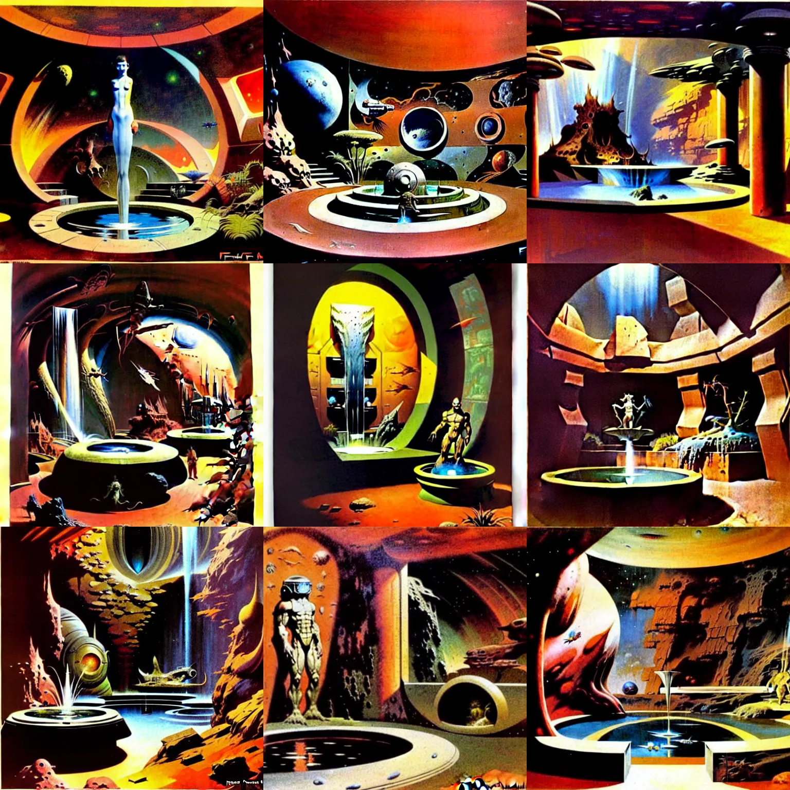 Prompt: interior view asimov mars habitat flora fauna fountain by frank frazetta