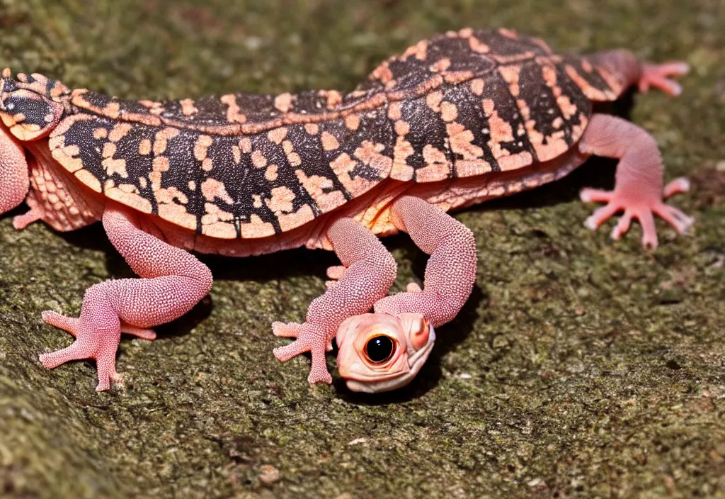 Prompt: Photo of a lone young New Zealand pink gecko tortoise facing the camera and looking at the viewer, still from a nature documentary, cute, nature photography, National Geographic, 4k, award winning photo