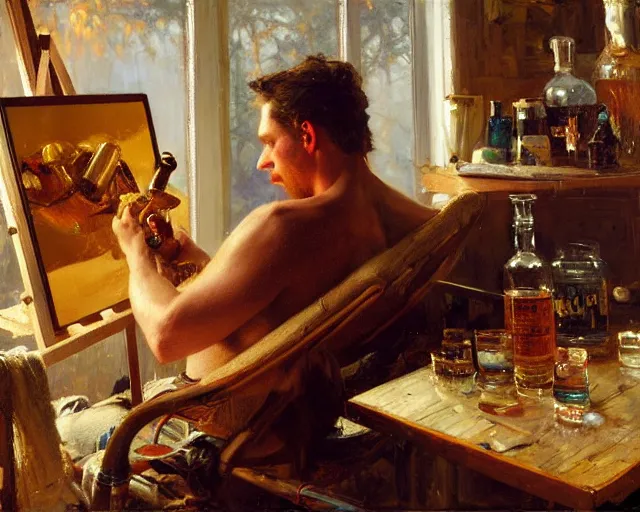 Image similar to an exhausted painter in his studio with a bottle of whisky. highly detailed painting by gaston bussiere, craig mullins, j. c. leyendecker 8 k