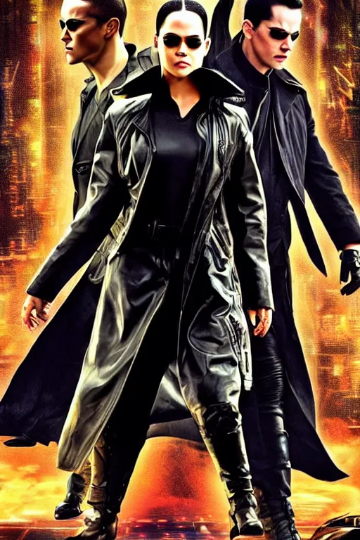 Prompt: a high action movie poster of the new matrix movie featuring tessa thompson, wearing sun glasses and black leather trench coat, riding a futuristic motorcycle, matrix symbols in the background, extremely detailed, extremely symmetrical facial features, by richard averton 8 k