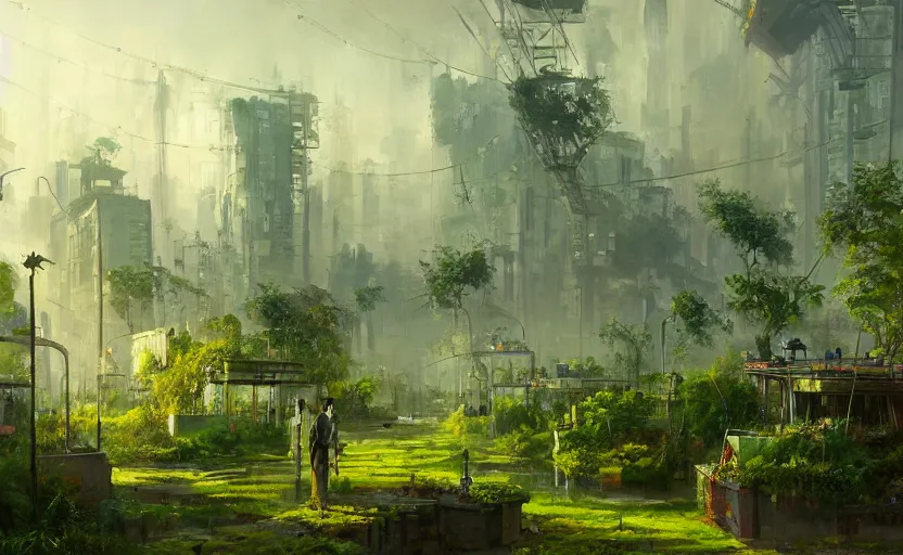 Prompt: A painting of a Solarpunk City covered in Greenery trending on artstation in the style of Greg Rutkowski