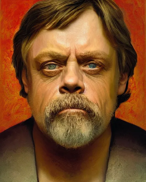 Image similar to painterly portrait, mark hamill, impasto, fantasy, chuck close:7, carl spitzweg:7, cinematic light, full face, symmetrical face