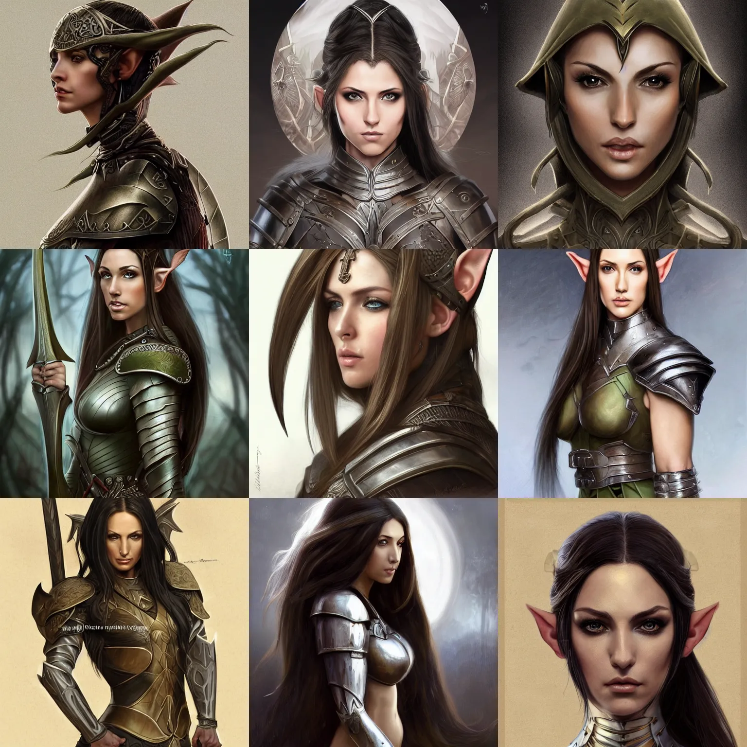 Prompt: a portrait of an attractive young elf woman (Jenna Haze), clothed in battle armor, olive skin, long dark hair, beautiful bone structure, symmetrical facial features, intricate, elegant, highly detailed, digital painting, trending on Artstation, concept art, smooth, sharp focus, illustration, in the style of artgerm and greg rutkowski and alphonse mucha
