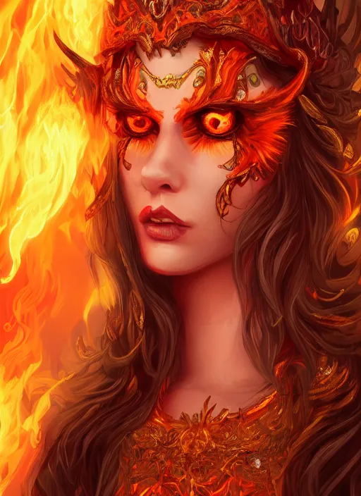 Prompt: a highly detailed character portrait of a female pyromancer radiating a fiery aura, ornate glowing robes, intricate, digital painting, artstation, intricate, concept art, smooth, sharp focus, illustration, deep vibrant colors