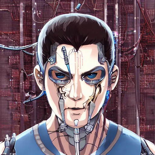 Image similar to Male cyborg, battle-damaged, scarred, wearing facemask, youthful face, neutral expression, blue eyes, neutral background, headshot, sci-fi, wires, cables, gadgets, Digital art, detailed, anime, artist Katsuhiro Otomo