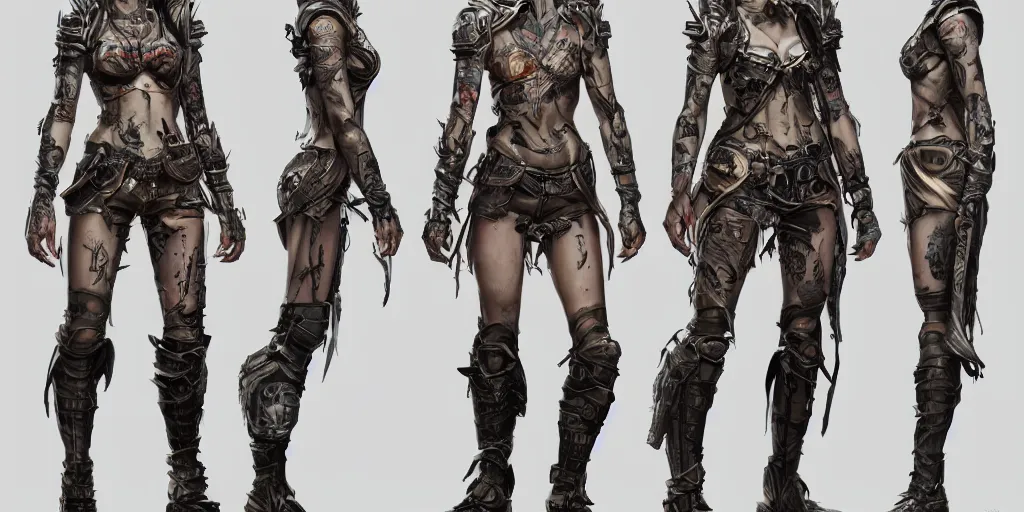 Prompt: sasha rose as a tattooed armored wanderer, wearing scratched and ripped leather shorts and a short jacket full of stamps and stitches, character sheet, fine details, concept design, contrast, kim jung gi, greg rutkowski, trending on artstation, 8 k, full body, turnaround, front view, back view, ultra wide angle