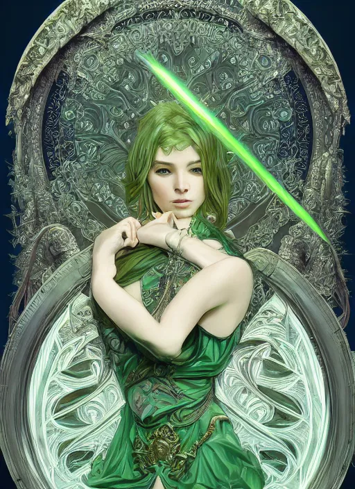 Prompt: symmetric, green fantasy sword, intricate, elegant, highly detailed, digital painting, 4k, HDR, concept art, detailed jewelry, smooth, sharp focus, illustration, art by Artgerm, H R Giger and Alphonse Mucha