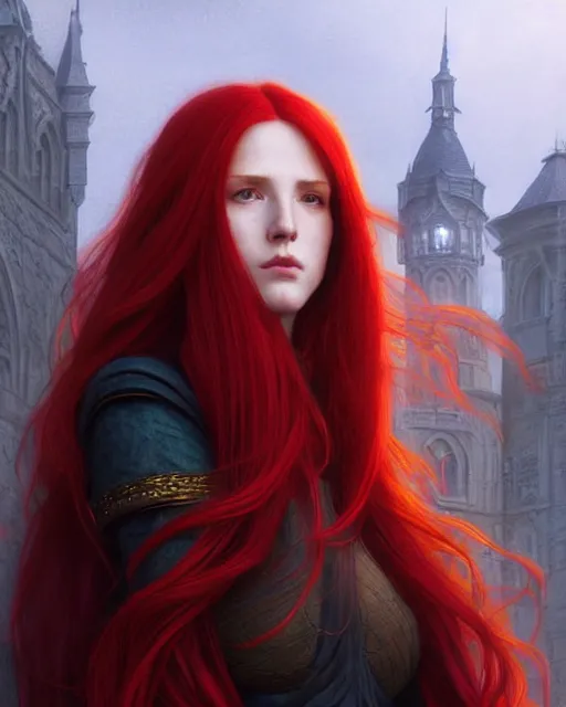 Image similar to long red hair mage, portrait, gentle, scowl, cloth, female, city background, d & d, fantasy, intricate, elegant, digital painting, red green color palette, artstation, octane render, concept art, matte, sharp focus, illustration, herrarthstone, art by artgerm and greg rutkowski and alphonse mucha