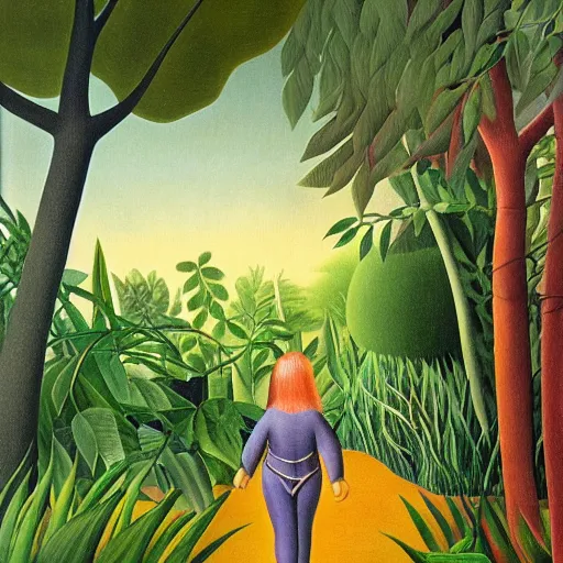 Prompt: A unicorn walking over a rainbow in the jungle by Henri Rousseau, trending on artstation