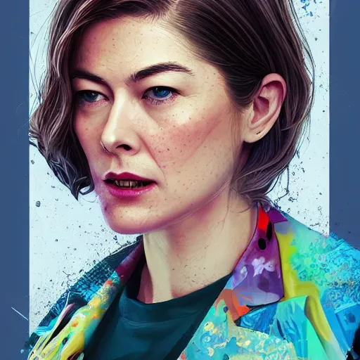 Prompt: rosamund pike as the doctor, dark - hair, wearing a colourful floral pattern suit, colourful, sharp focus, detailed face, artstation, art by borja pindado,