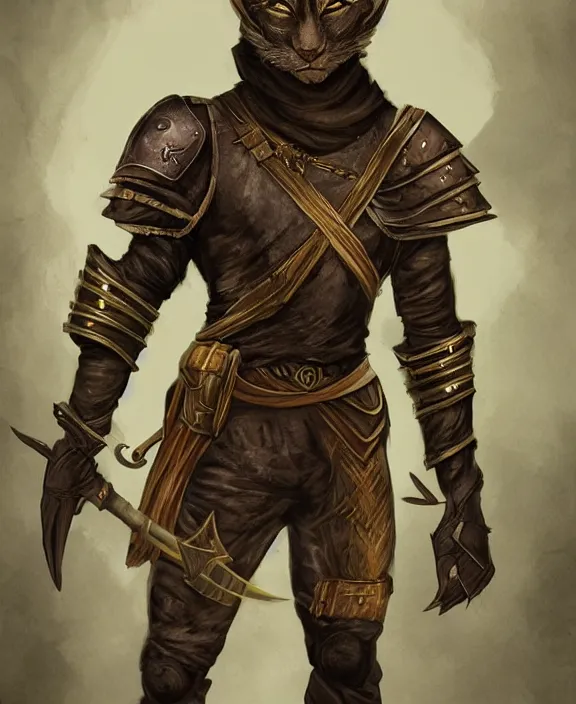 Prompt: humanoid male khajiit rogue, wearing leather armor, magic the gathering, fantasy