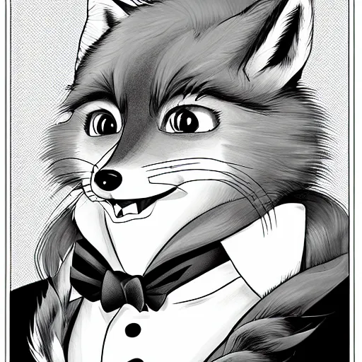 Image similar to official manga line art of a closeup of an anthropomorphic furry male fox wearing a fancy tuxedo, handsome eyes and smile, studio anime line art