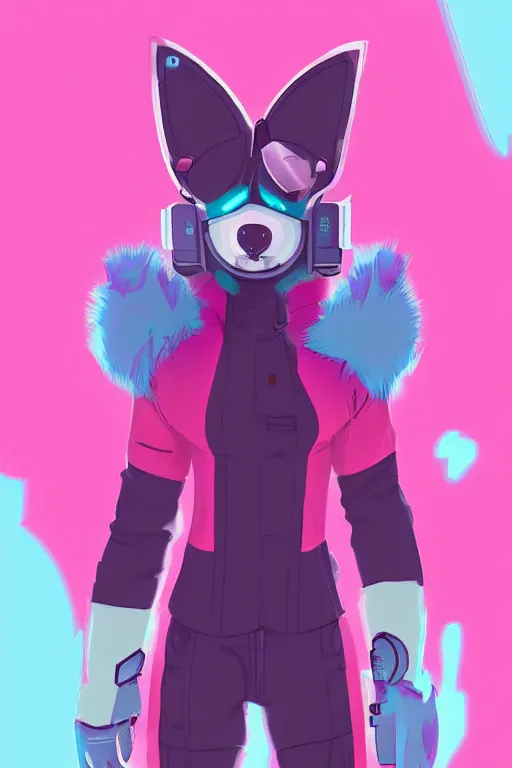 Image similar to a cute cyberpunk anthropomorphic fox with pink fur and blue eyes and a fluffy tail, comic art, trending on furaffinity, cartoon, kawaii, backlighting, furry art!!!, cel shading, concept art, lineless