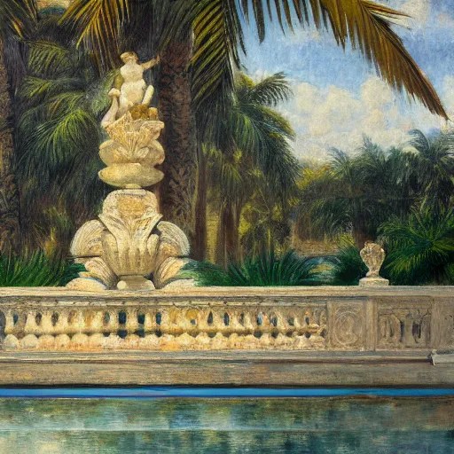 Image similar to a ultradetailed beautiful painting of a old fountain in the amazonas palace balustrade designed by jules bastien - lepage, tarsila do amaral, frank weston and gustave baumann, beach, trending on artstation, mediterranean, palm trees, sharp focus, soft light, 8 k 4 k