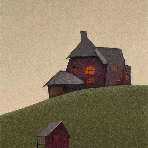 Image similar to a painting of a house on a hill, by Shaun Tan