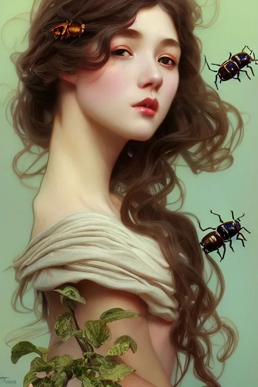 Image similar to hundreds of beetles lined up as a beautiful girl, highly detailed, digital painting, artstation, sharp focus, illustration, art by tan zi and ayanamikodon and alphonse mucha and wlop