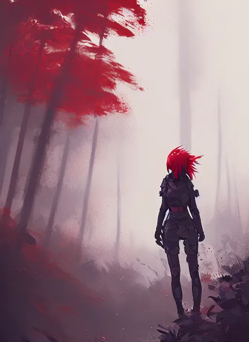 Image similar to red haired japanese girl, armored, midfigure, grey forest background, by ismail inceoglu