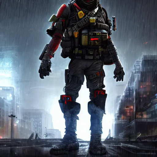 Image similar to helghast soldier from killzone standing in a post-apocalyptic city during a rainstorm, concept art, unreal engine 5, trending on artstation, highly detailed, 4k