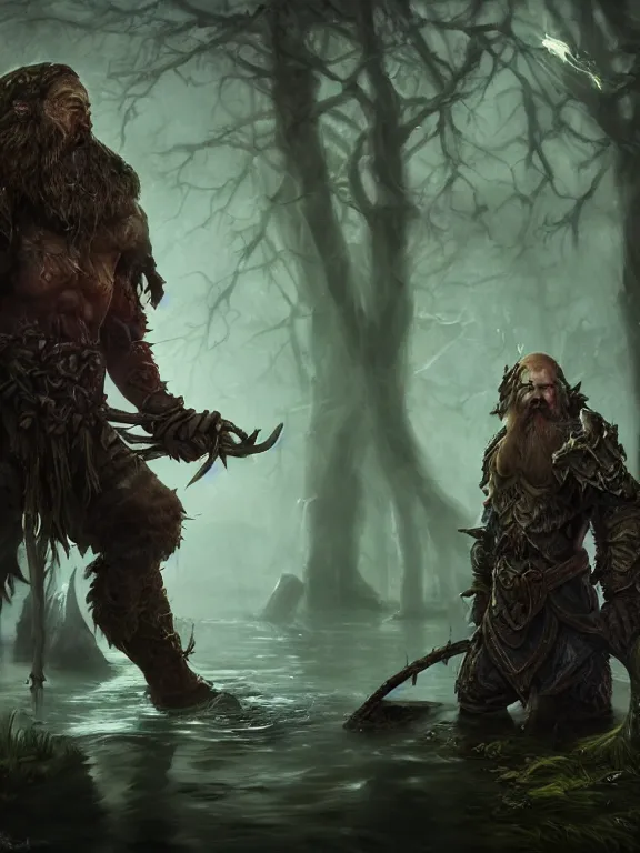 Prompt: Frightened Archer High Fantasy Dwarf treading through Haunted Swamp with Glowing Lights, RPG Portrait Reference, Oil Painting, Trending on Artstation, octane render, Insanely Detailed, 8k, HD