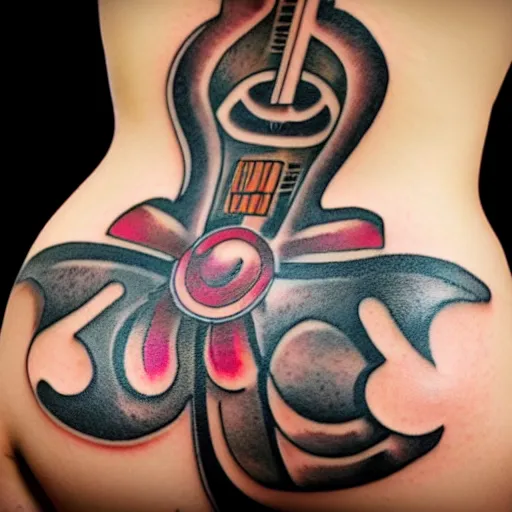 Prompt: sp - 4 0 4 audio mixer in the style of tattoo along female lower back